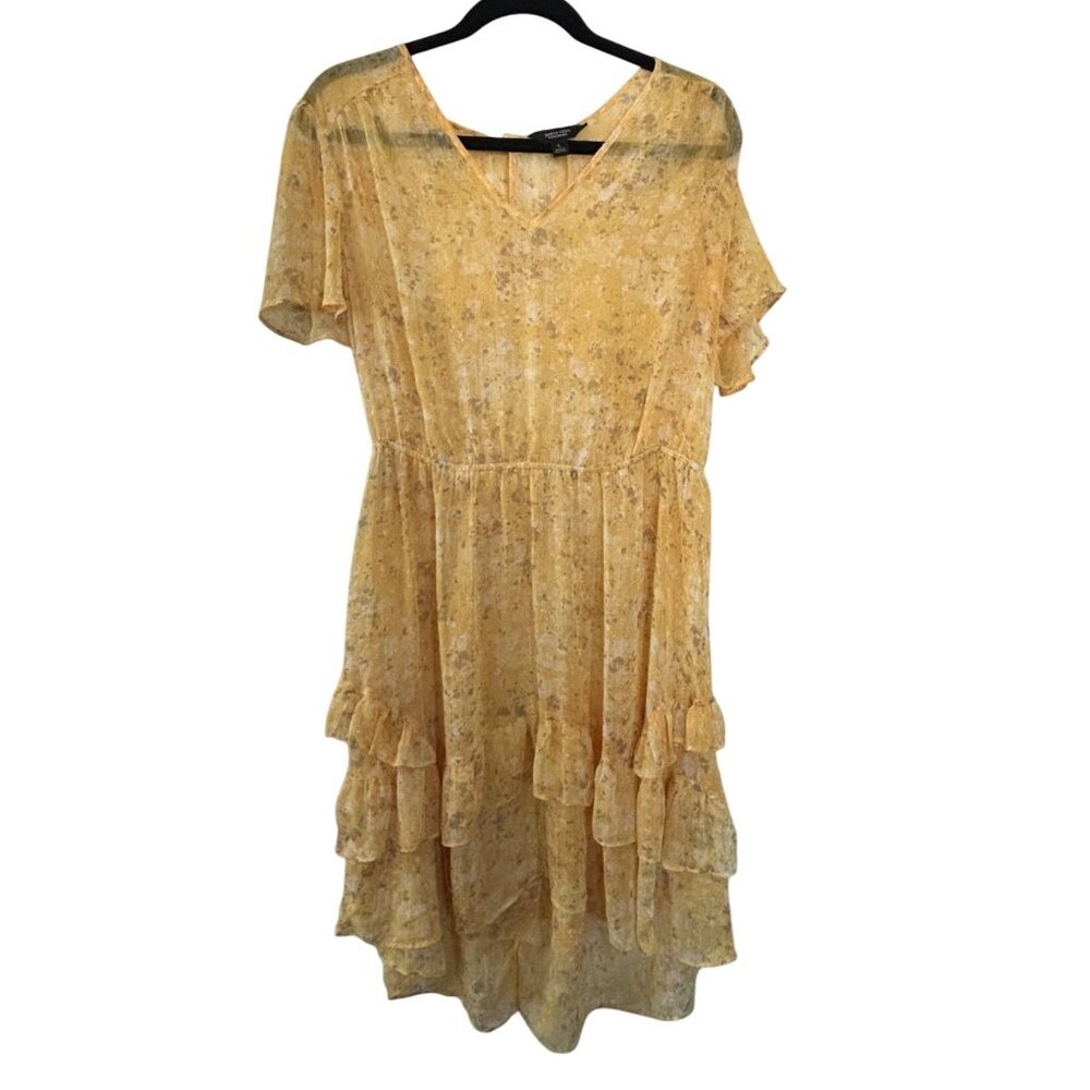 Simply Vera Vera Wang Yellow Floral Sheer Ruffle Dress L Polyester Womens Summer